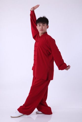 雅鑫健体 练功服 长袖 男士 深红色亚麻 太极服 武术服 表演服装